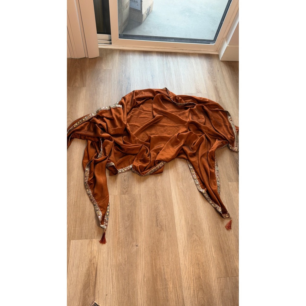 Rust Orange Satin Square Shawl Sequin Embroidered Border Tassel Wrap 82x41
